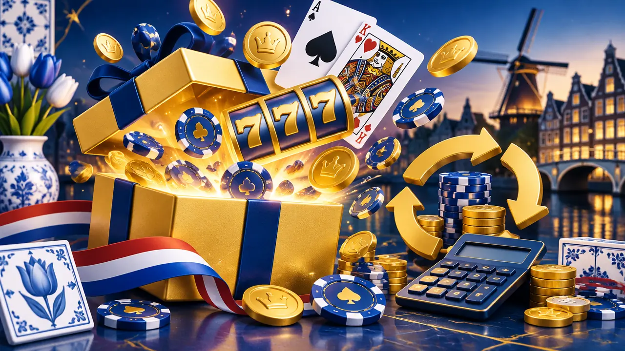 Gouden bonusdoos met rekenmachine, munten en Delfts blauwe details