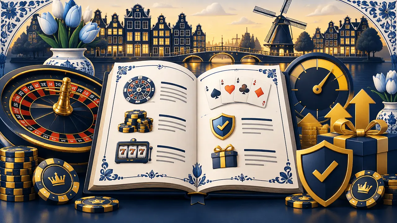 Open naslagwerk met Nederlandse grachtenpanden en een rode tulp