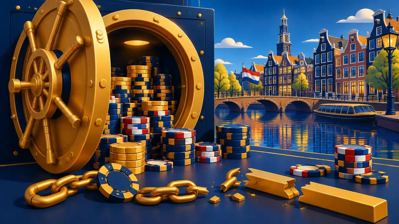Open kluis met casinofiches en gebroken gouden ketting als symbool voor een casino zonder limiet, met Amsterdamse grachtenpanden