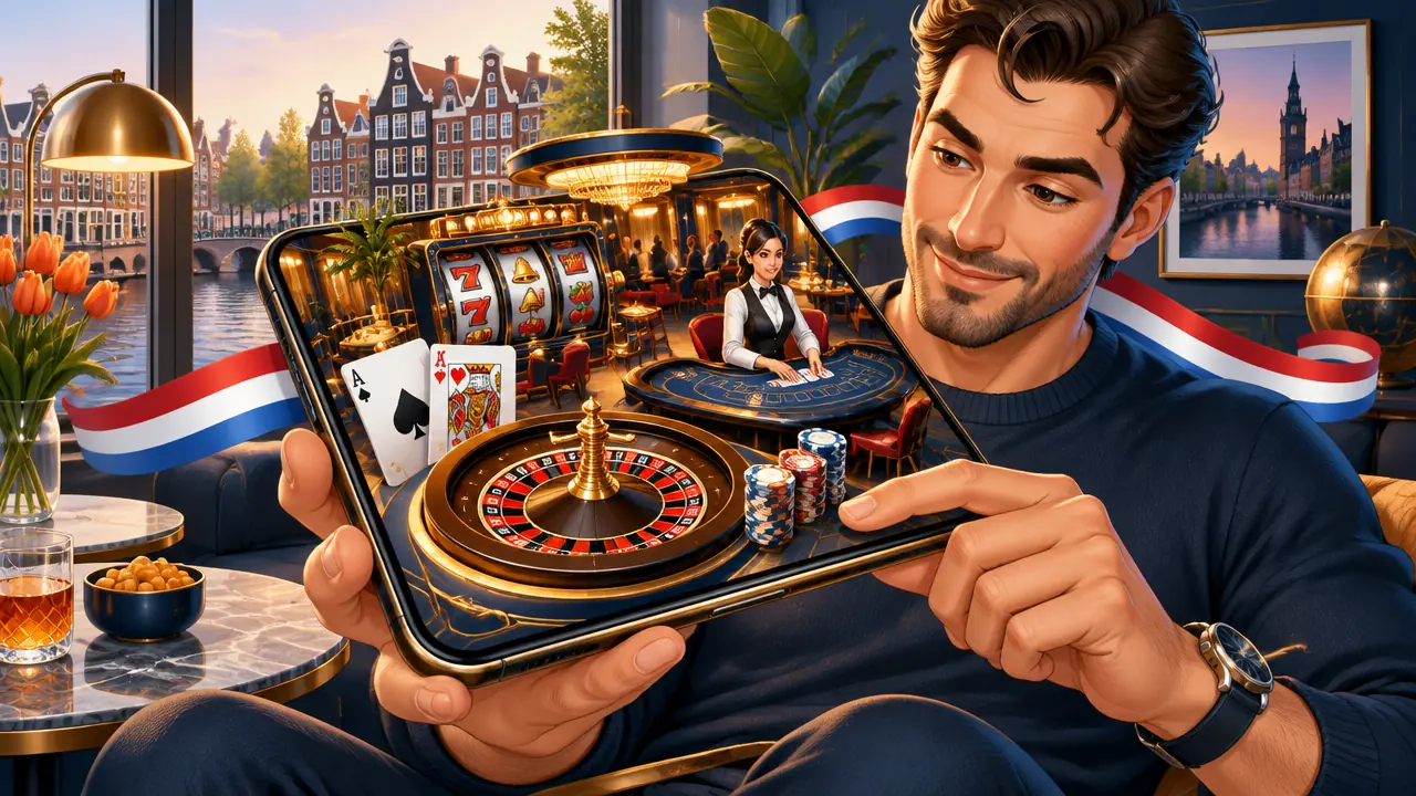Nederlandse speler bekijkt mobiele casinospellen in een woonkamer aan de gracht