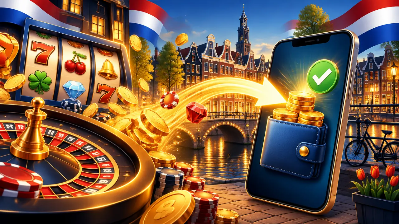 Bevestigde online uitbetaling op een smartphone aan een Amsterdamse gracht