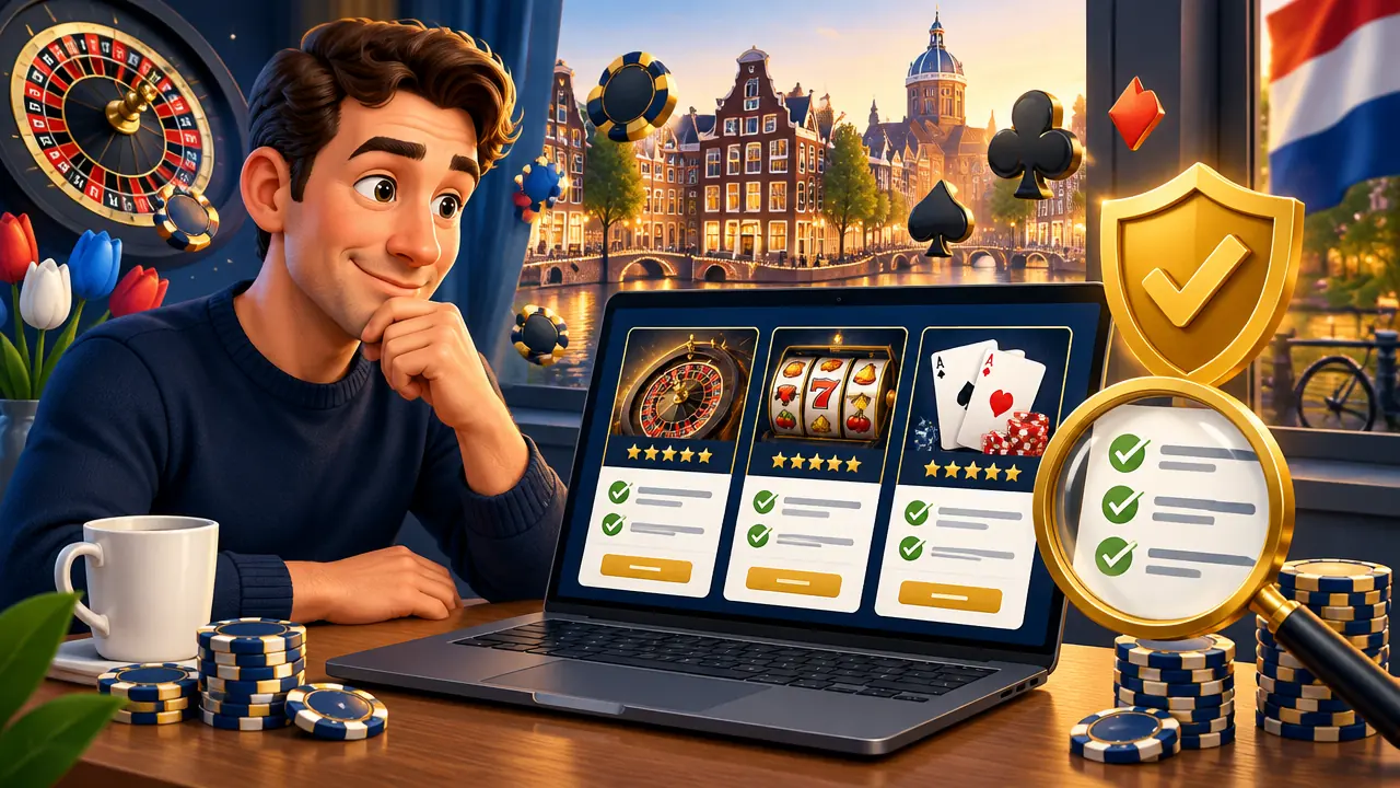 Nederlandse speler vergelijkt licentie en voorwaarden van online casino's aan een Amsterdamse gracht
